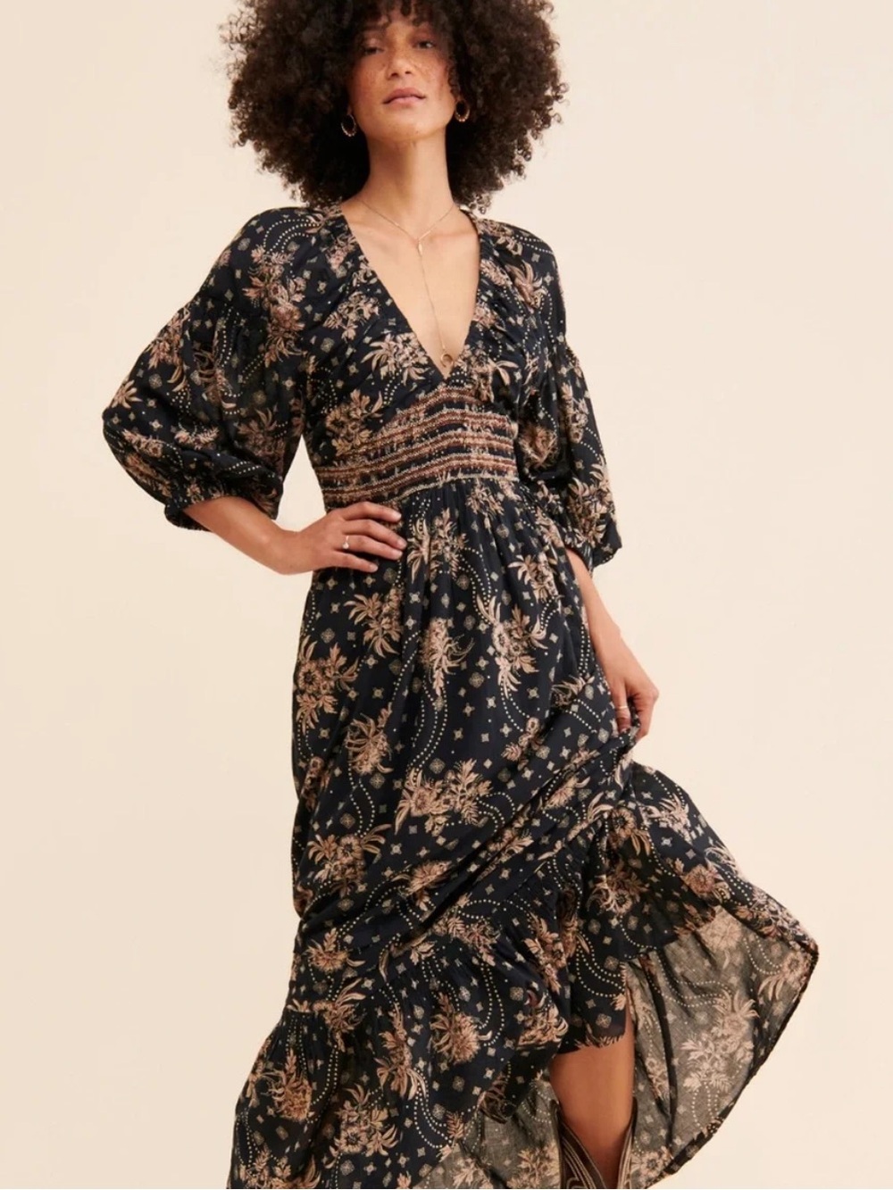 Free People Boho Golden Hour Border Maxi Dress in Black Combo